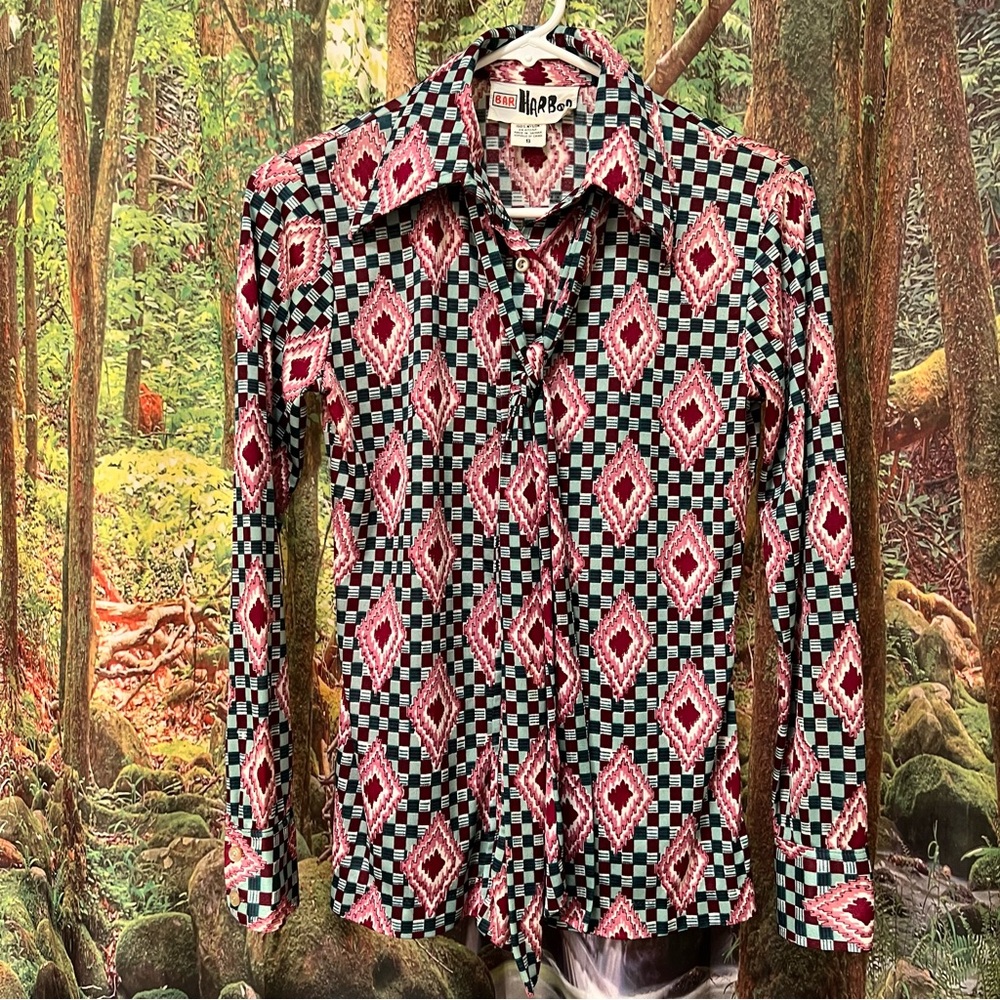 Vintage 70s Rare Button Down Shirt geometric pattern shapes maroon pink teal XS